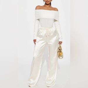 Fashion Nova Cream Satin Track Pants